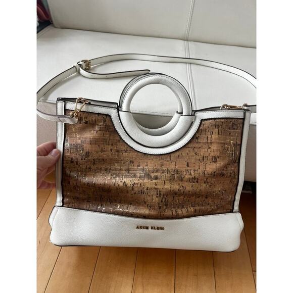 Anne Klein White & Corkrounded top handle satchel shoulder bag purse - Picture 3 of 12